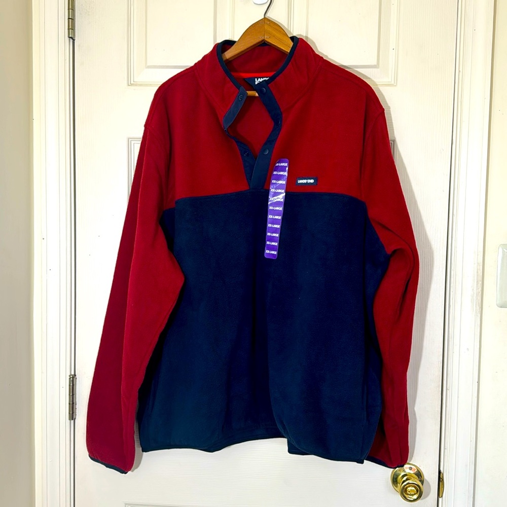 NWT Lands’ End Men’s Red & Navy Long Sleeves Fleece Jacket Size XXL